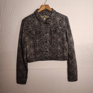 Rose Royce Premium Damask Print Denim Jacket Black Grey Cropped Rose Buttons L